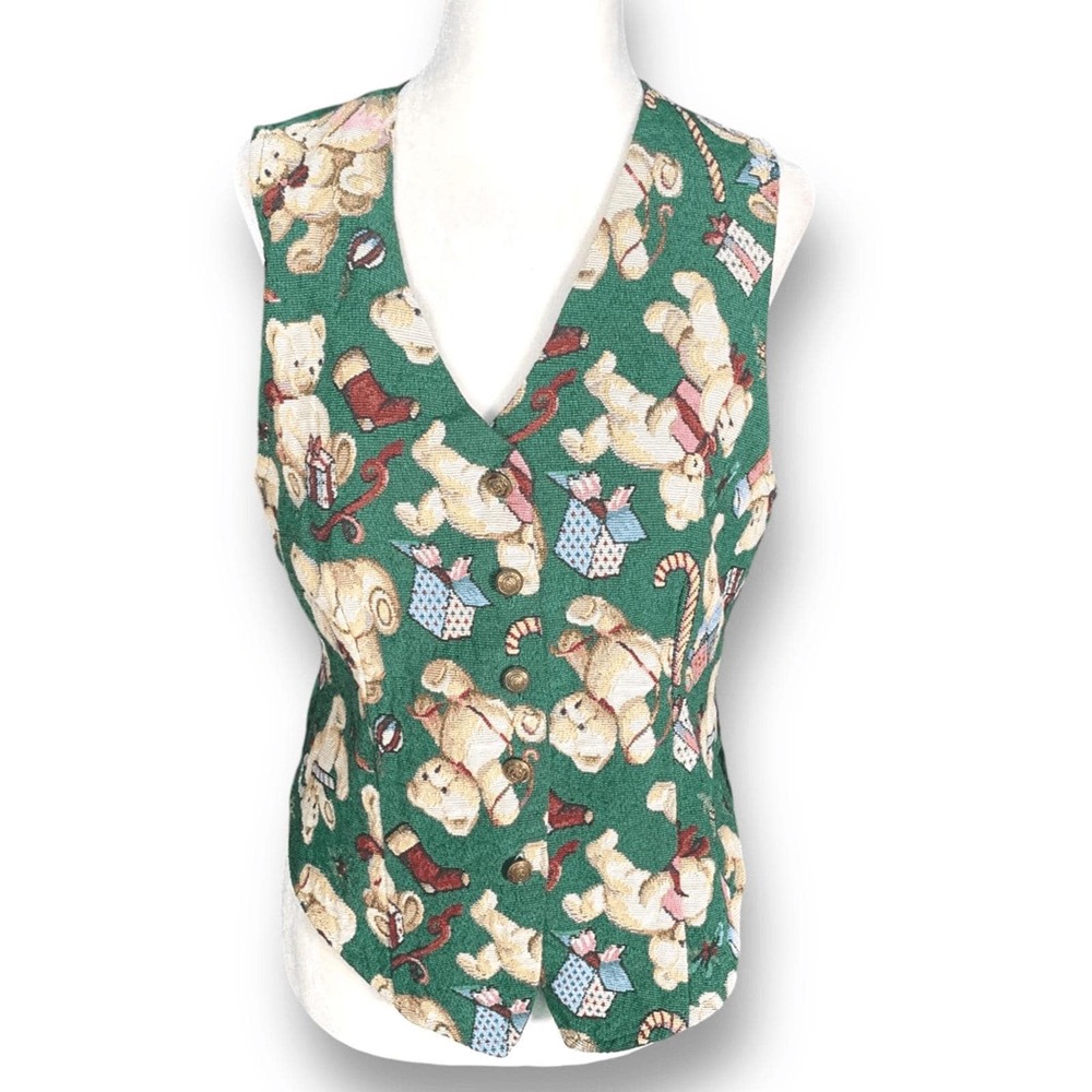 Vintage Christmas Teddy Bear Vest Green Holiday Novelty Waistcoat Whimsical - Picture 4 of 11